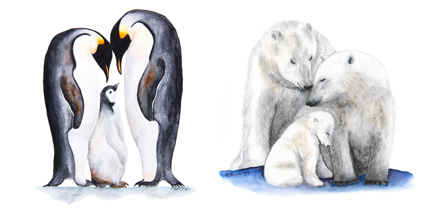 Polar Bears and Penguins in Watercolor
