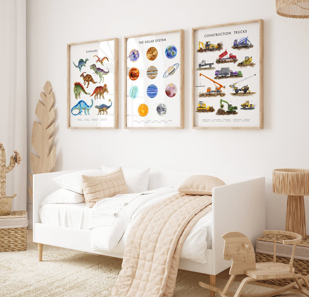 educational posters for kids with dinosaur solar system and construction truck learning wall art