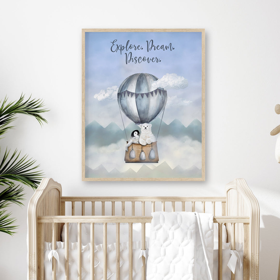 Hot air balloon watercolor art print for kids nursery or playroom with polar bear and penguin