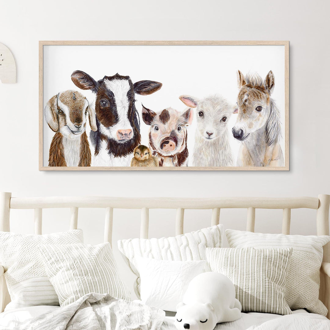 Best selling watercolor farm animal nursery art print with goat cow pig lamb chick and horse