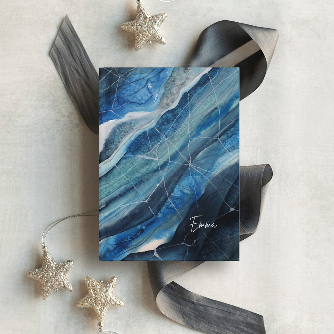 Personalized blue abstract journal gift with watercolor design