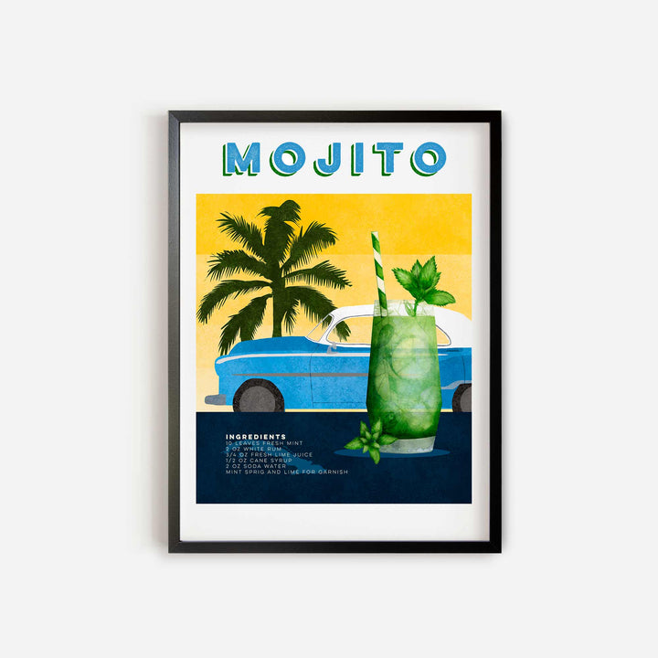 a poster of a green drink with a palm tree in the background