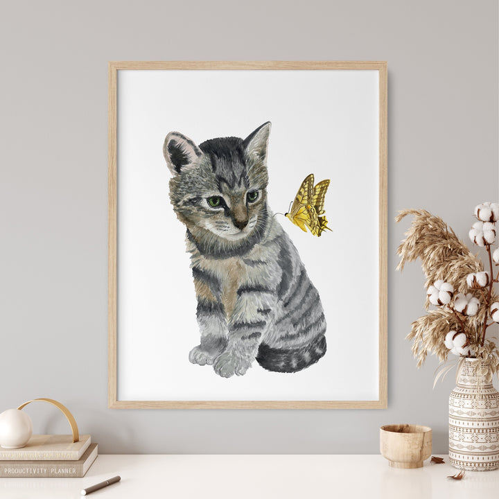 Kitten and Yellow Butterfly Watercolor