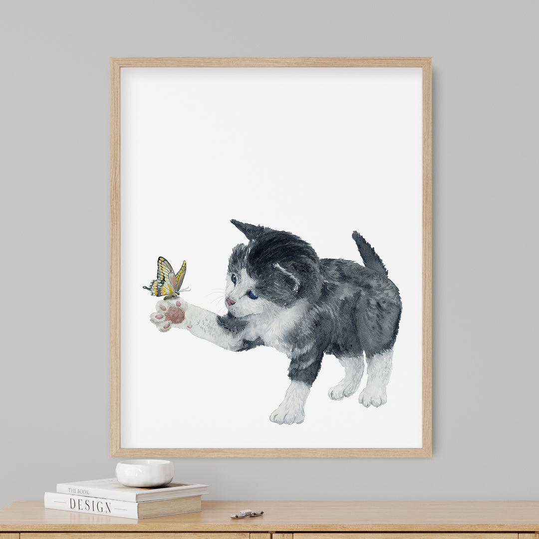 Tuxedo Kitten and Butterfly Art