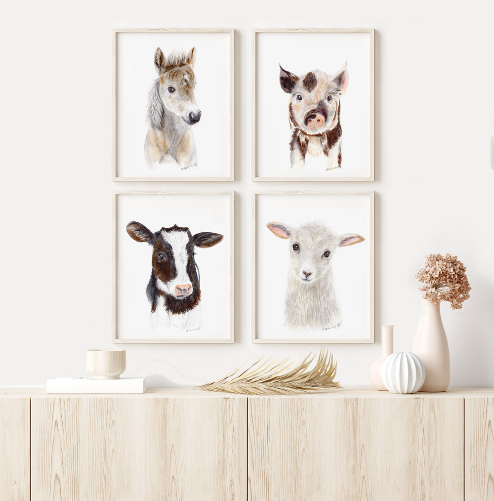 Farm animal wall art set displayed in a nursery, kids room, or playroom