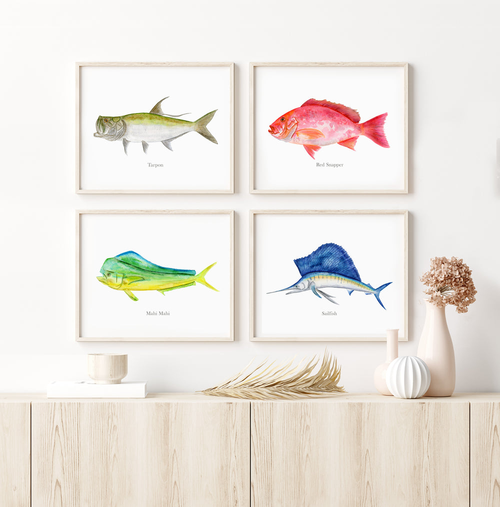 Ocean fish wall art set displayed in a kids room, nursery, beach house, or coastal home
