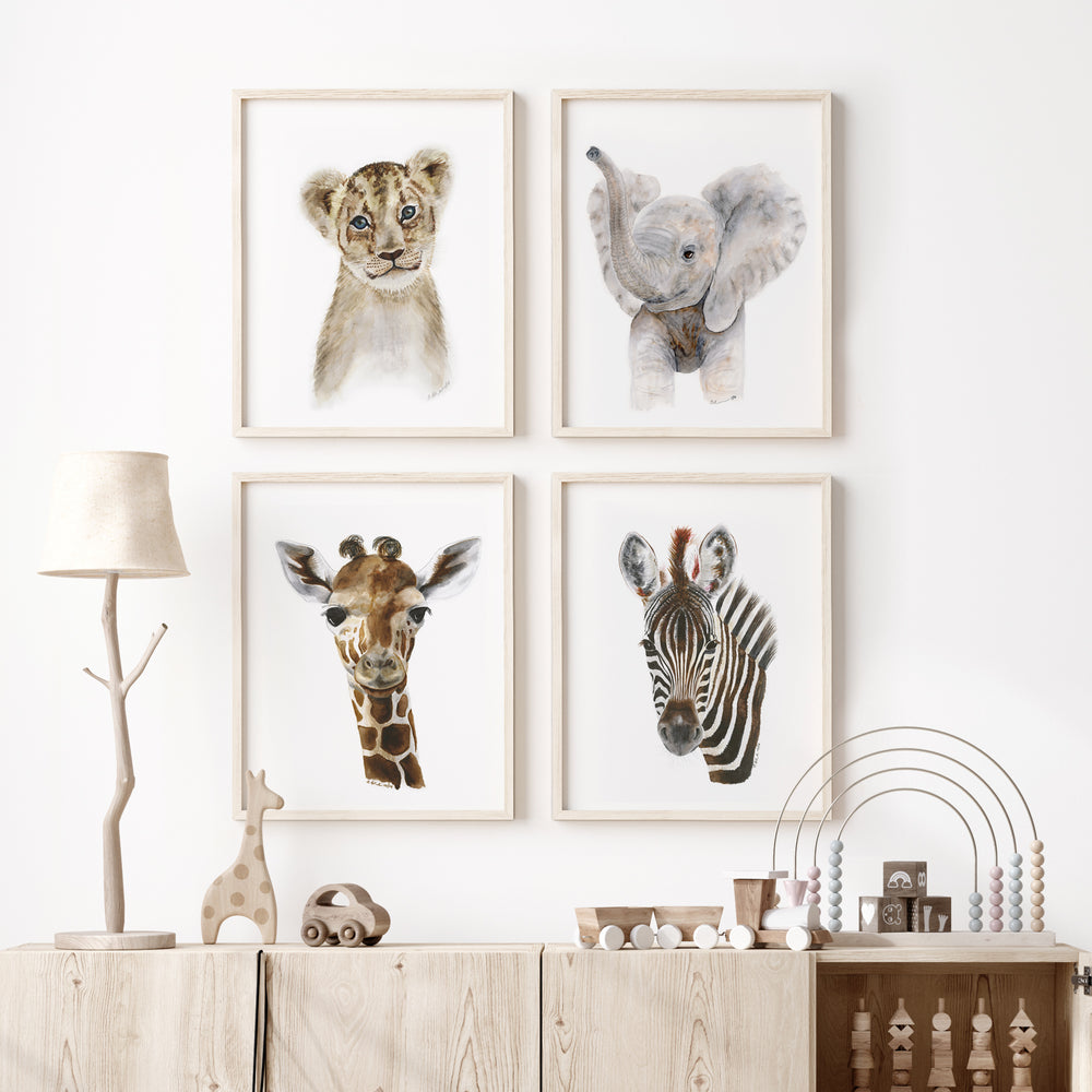 Safari animal wall art set displayed in a nursery or kids room