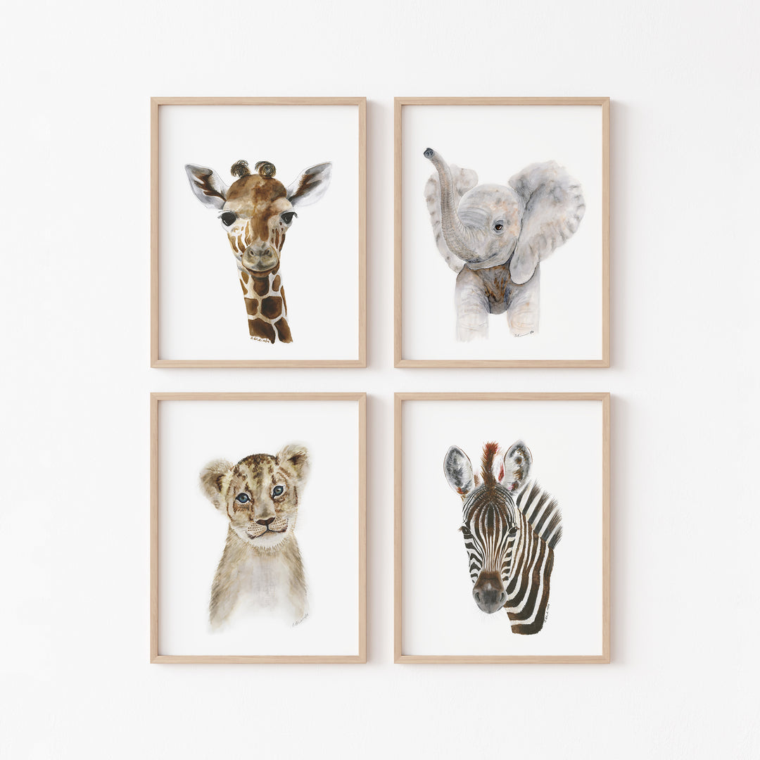 Set of 4 safari animal prints featuring a baby elephant, giraffe, zebra, and lion cub in light wood frames