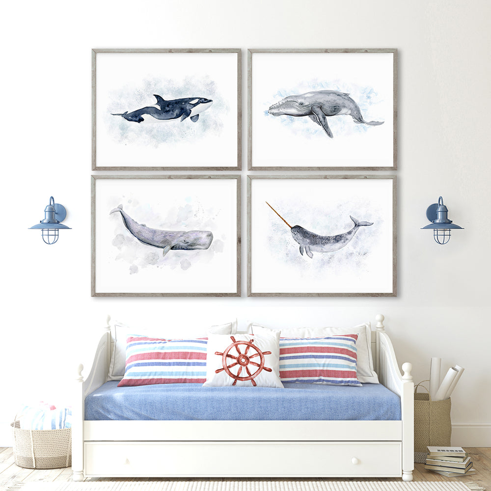 Whale wall art set displayed in a nursery, kids room, or coastal home