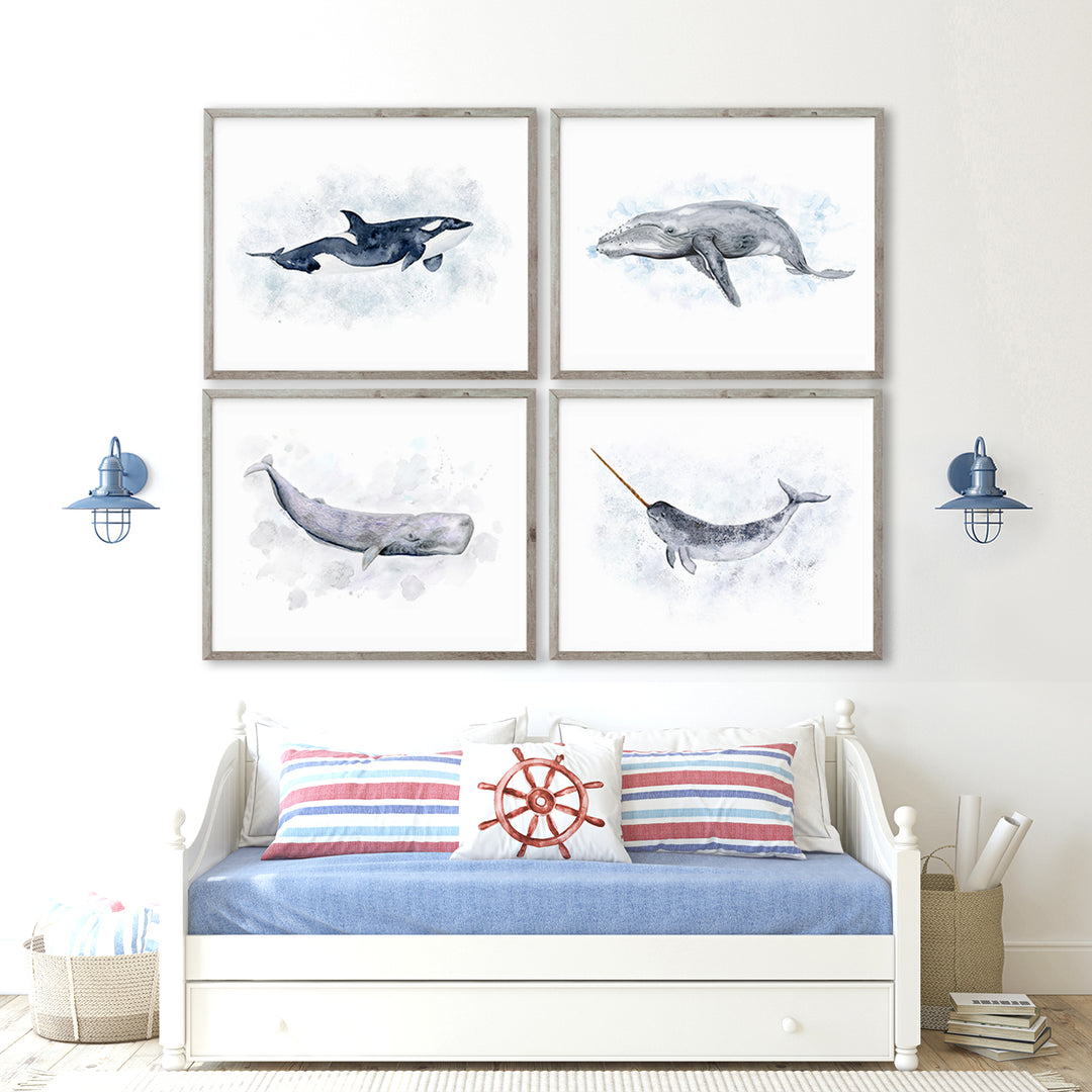 Whale wall art set displayed in a nursery, kids room, or coastal home