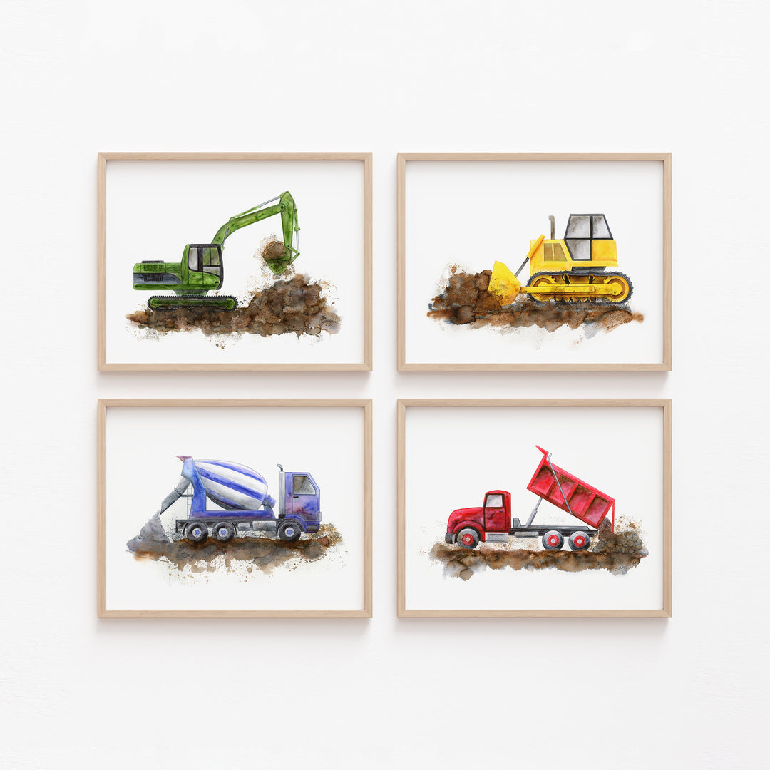 Set of 4 construction truck wall art prints featuring an excavator, bulldozer, cement mixer, and dump truck in light wood frames