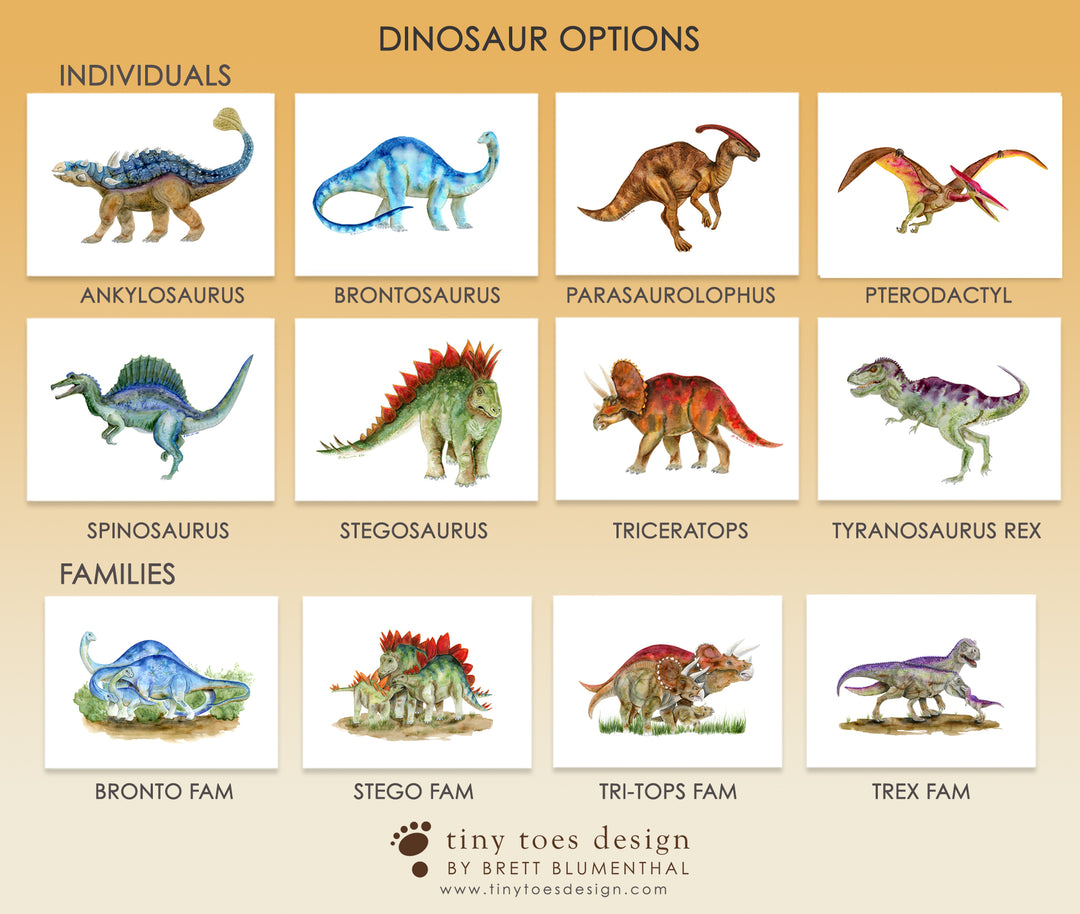 Dinosaur wall art options for creating a custom dinosaur print set for nursery or kids room decor