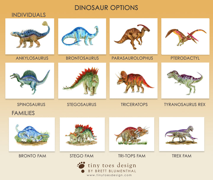Dinosaur wall art options for creating a custom dinosaur print set for nursery or kids room decor