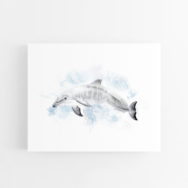 a watercolor painting of a dolphin swimming in the ocean