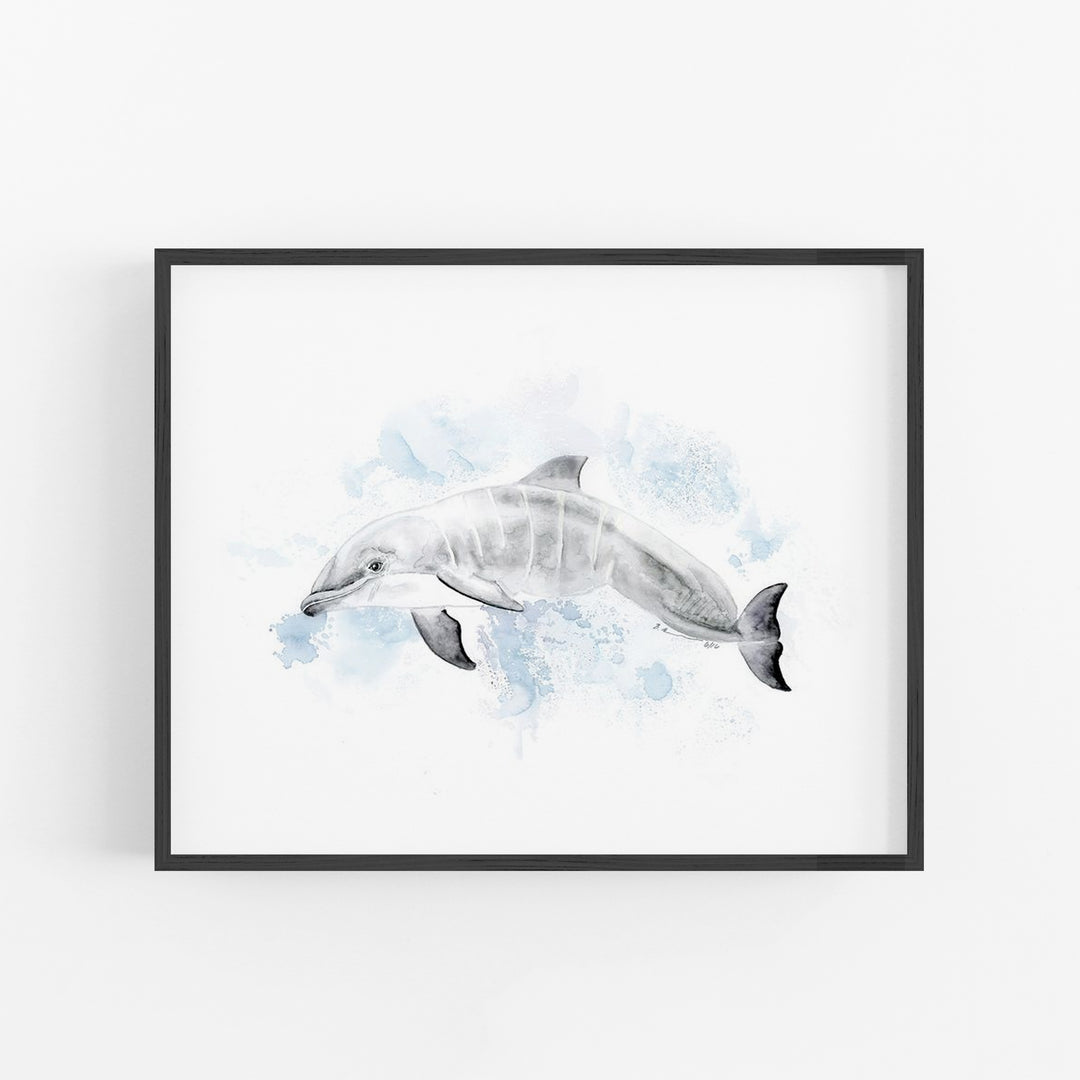 a watercolor painting of a dolphin in a black frame