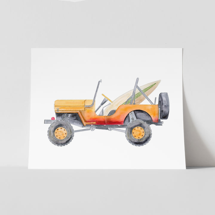 Orange Jeep Illustration - Boy's Room Decor - Tiny Toes Design