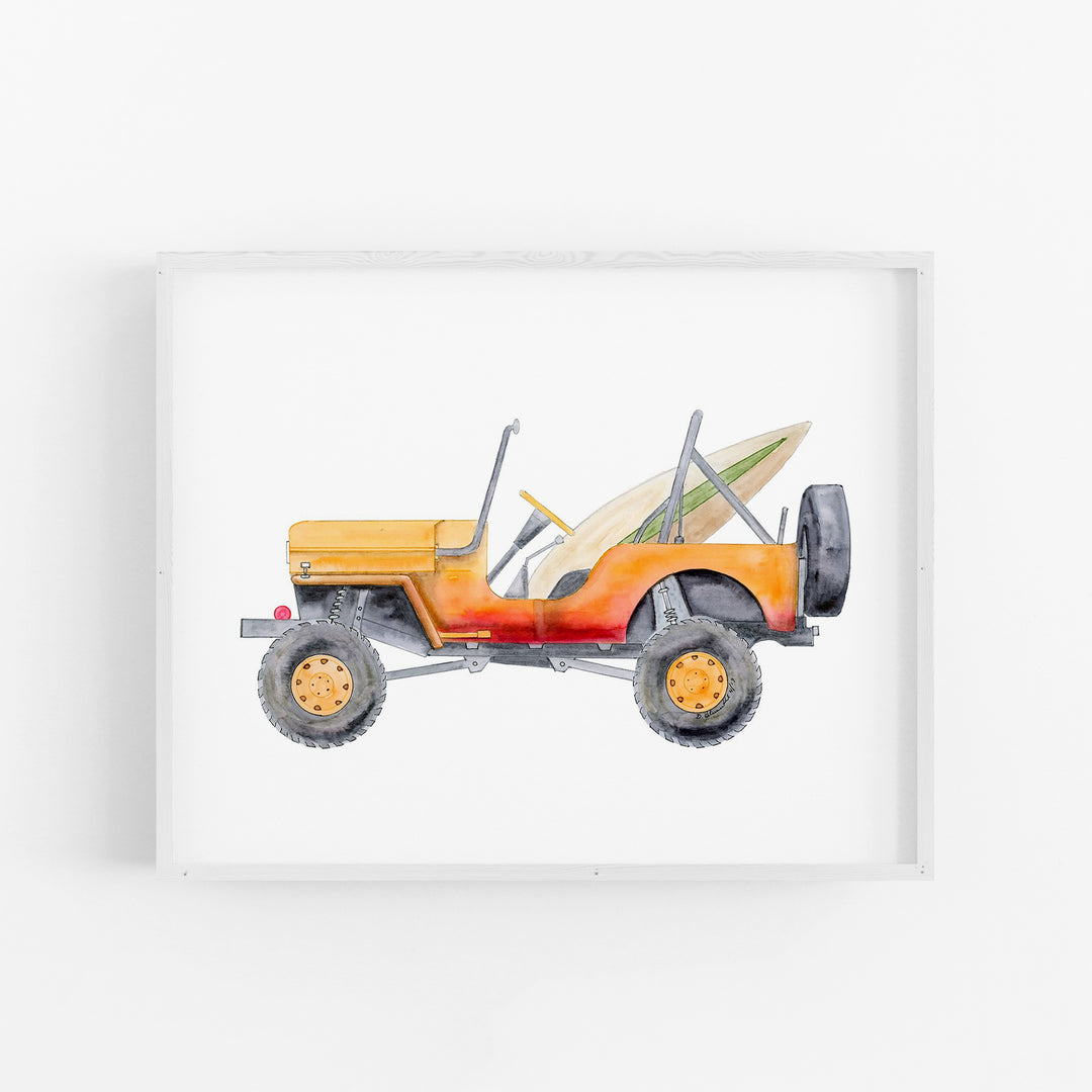 Orange Jeep Illustration - Boy's Room Decor - Tiny Toes Design