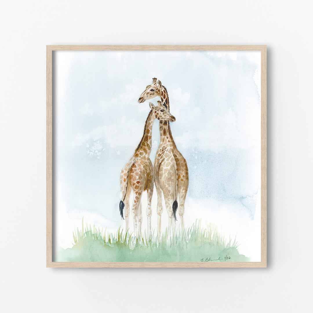 mom and baby giraffe nursery wall art watercolor safari animal print
