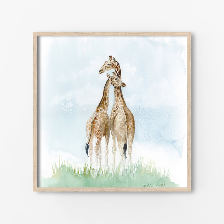 mom and baby giraffe nursery wall art watercolor safari animal print