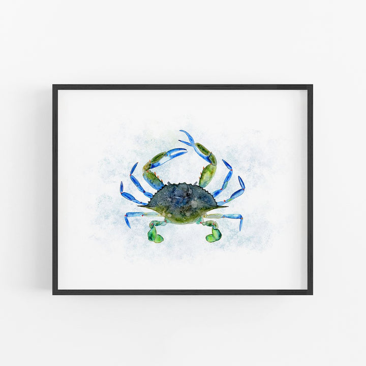 a painting of a blue crab on a white wall