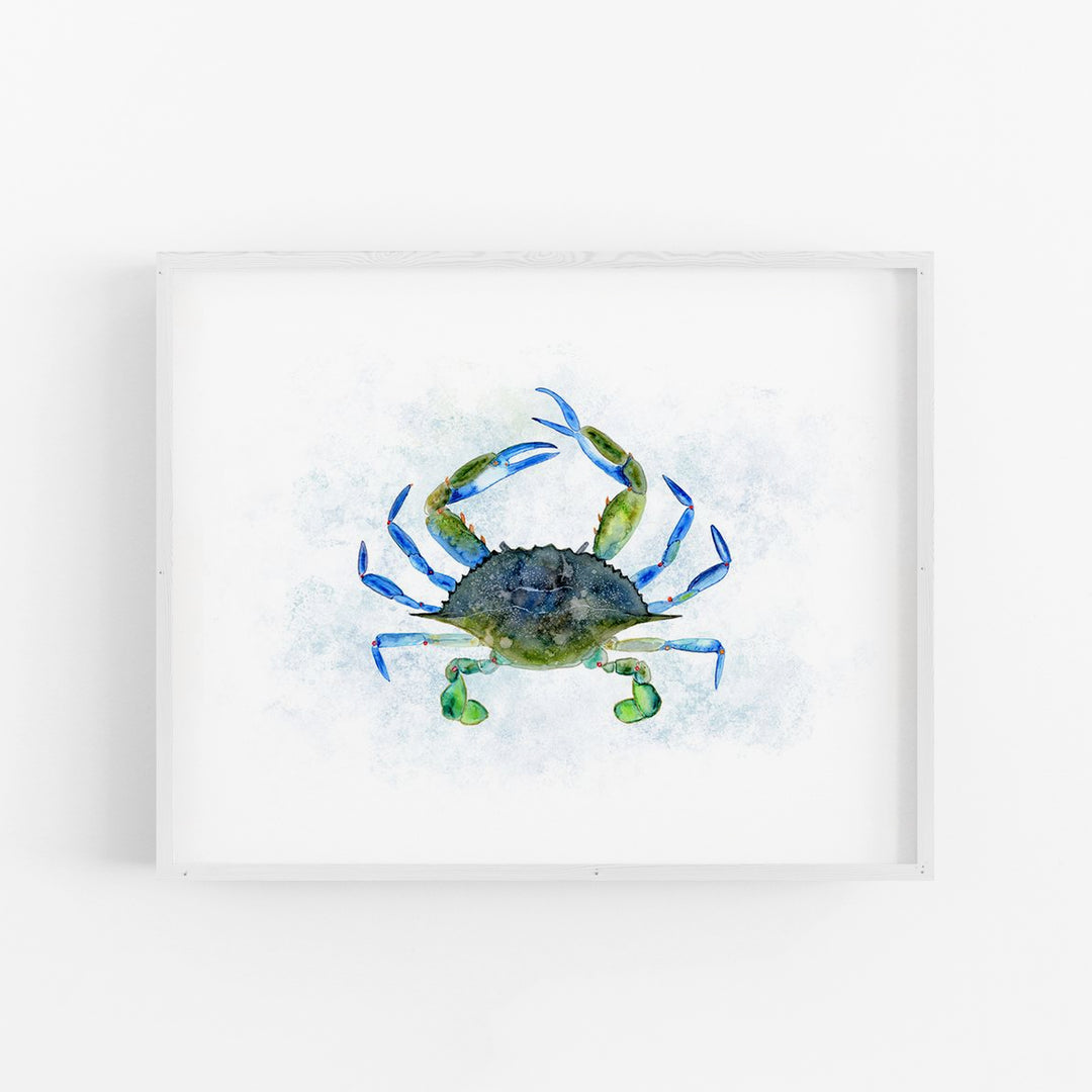 a painting of a blue crab on a white wall