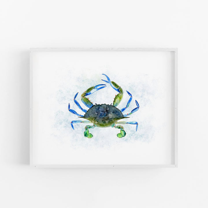 a painting of a blue crab on a white wall