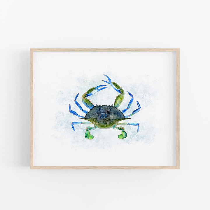 a painting of a blue crab on a white wall