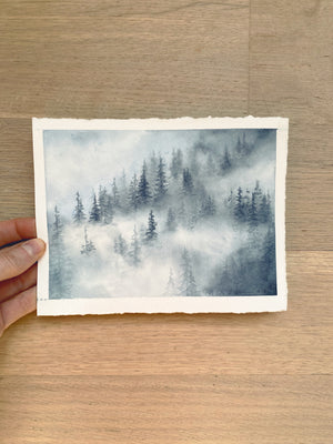 Hand-Painted Watercolor of Misty Mountain