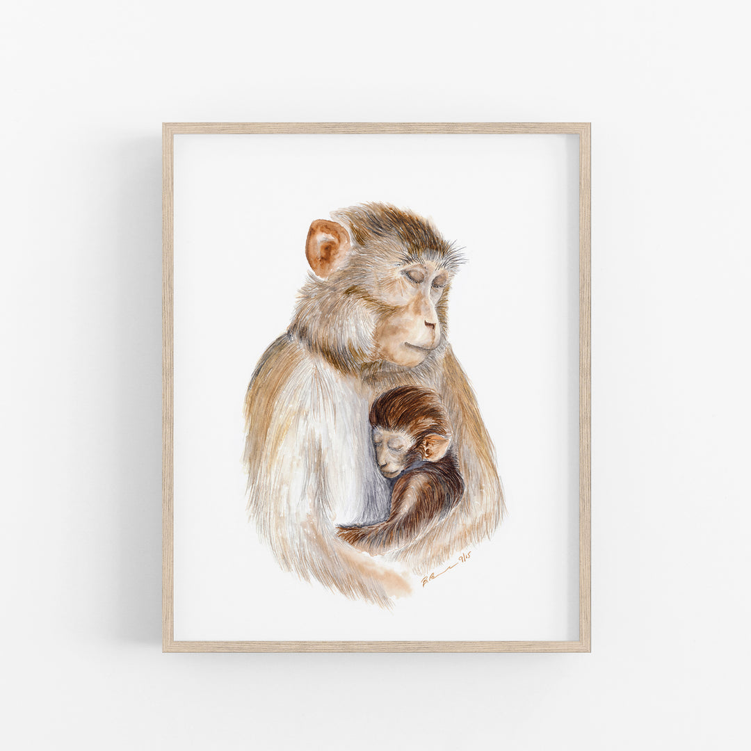 Mom and Baby Monkey Watercolor - Rhesus Macaque Art Print - Tiny Toes Design