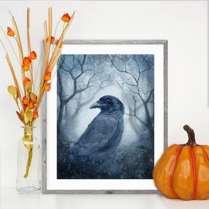 Raven in the Misty Woods Watercolor Print