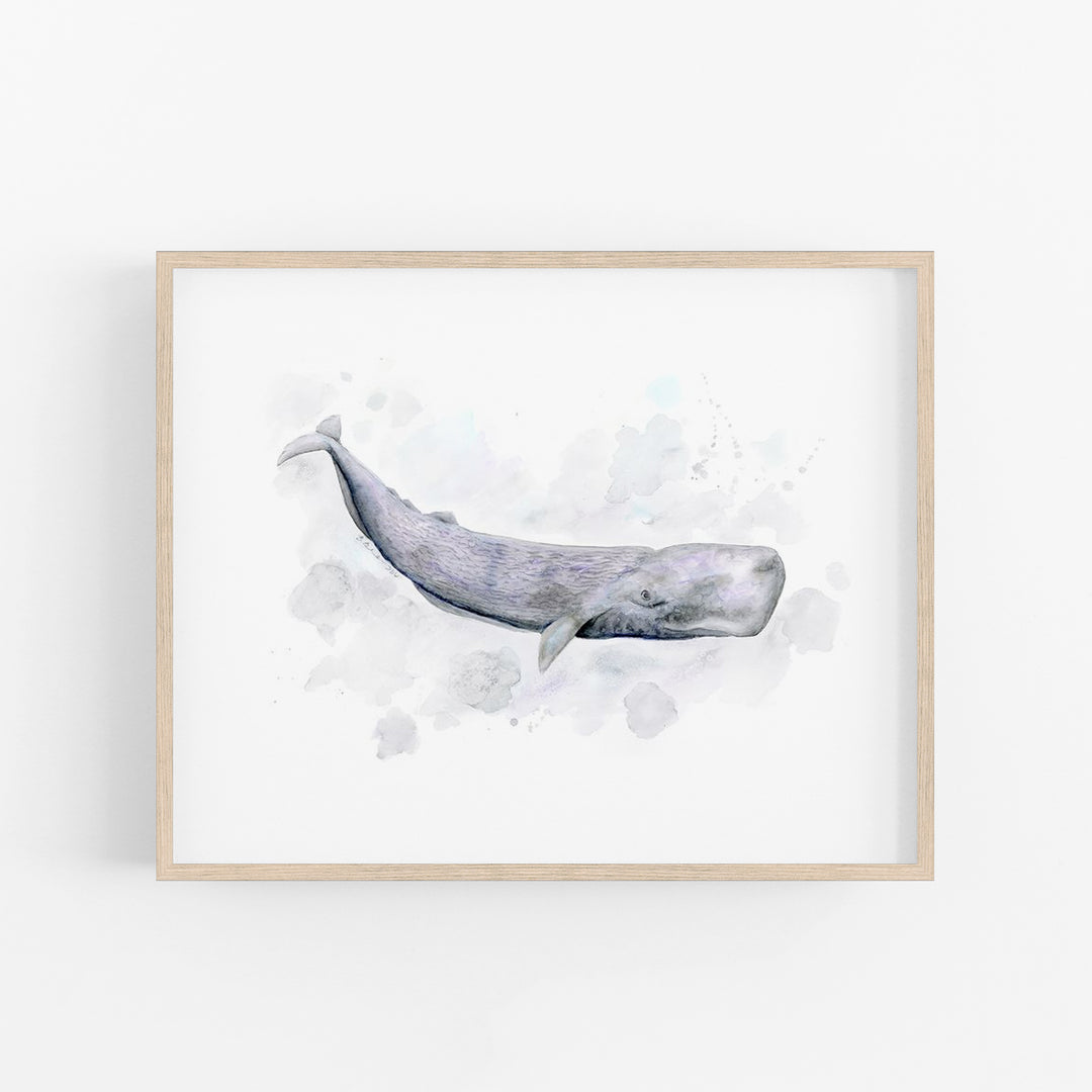 a watercolor painting of a whale on a white wall