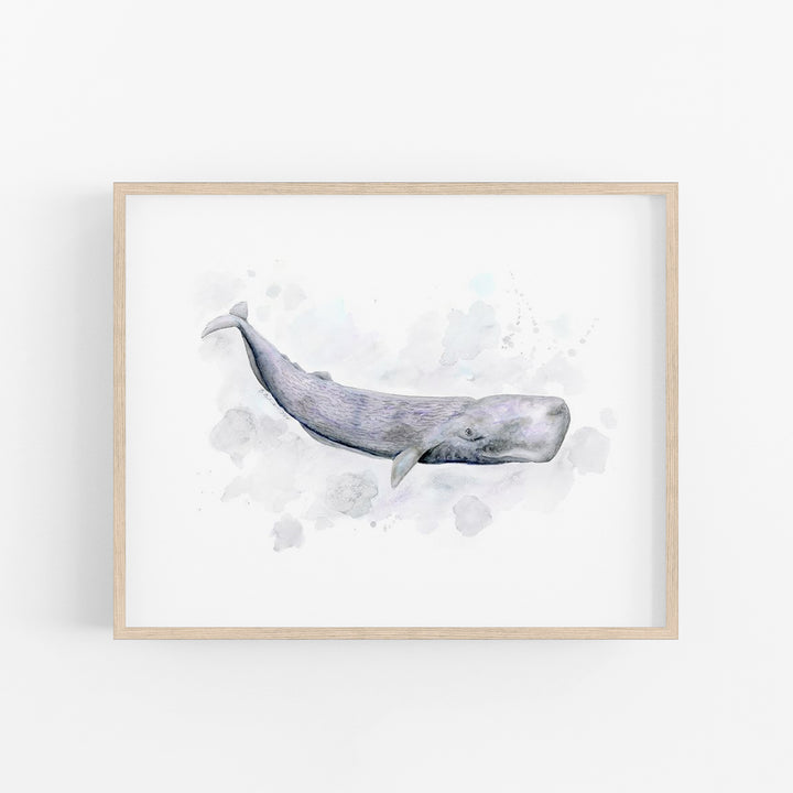 a watercolor painting of a whale on a white wall