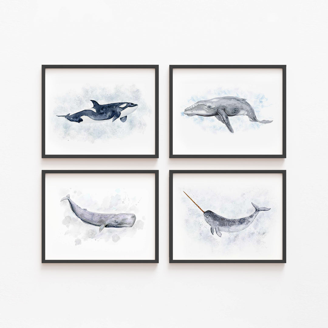 Whale Prints Set of 4 – Ocean Wall Art for Nursery or Kids Room