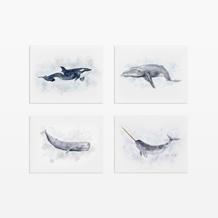 Whale Prints Set of 4 – Ocean Wall Art for Nursery or Kids Room