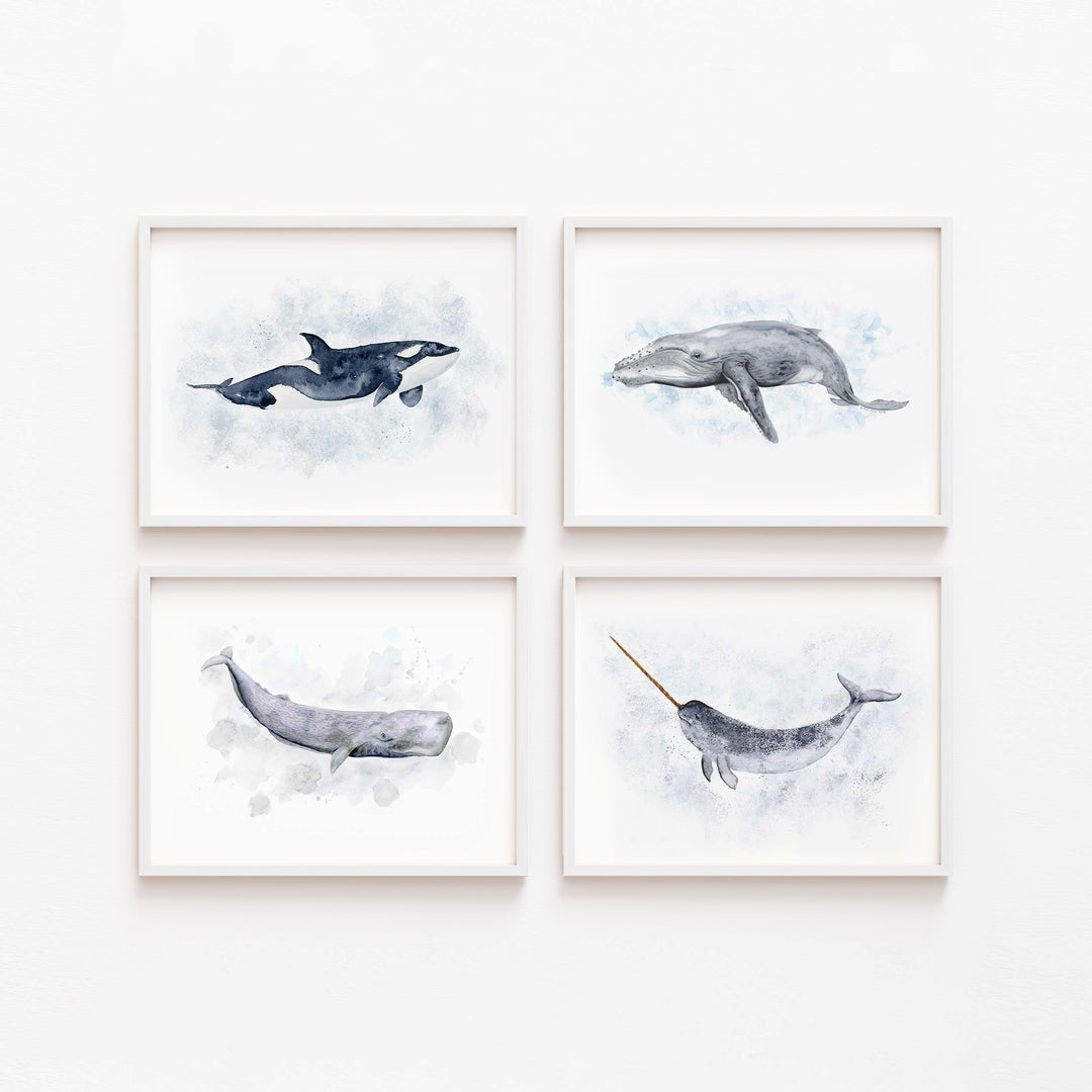 Whale Prints Set of 4 – Ocean Wall Art for Nursery or Kids Room