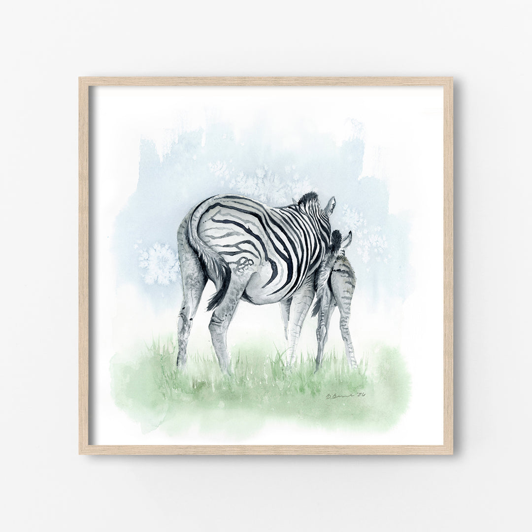 mom and baby zebra nursery wall art watercolor safari animal print