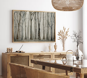 a painting hanging on the wall of a dining room