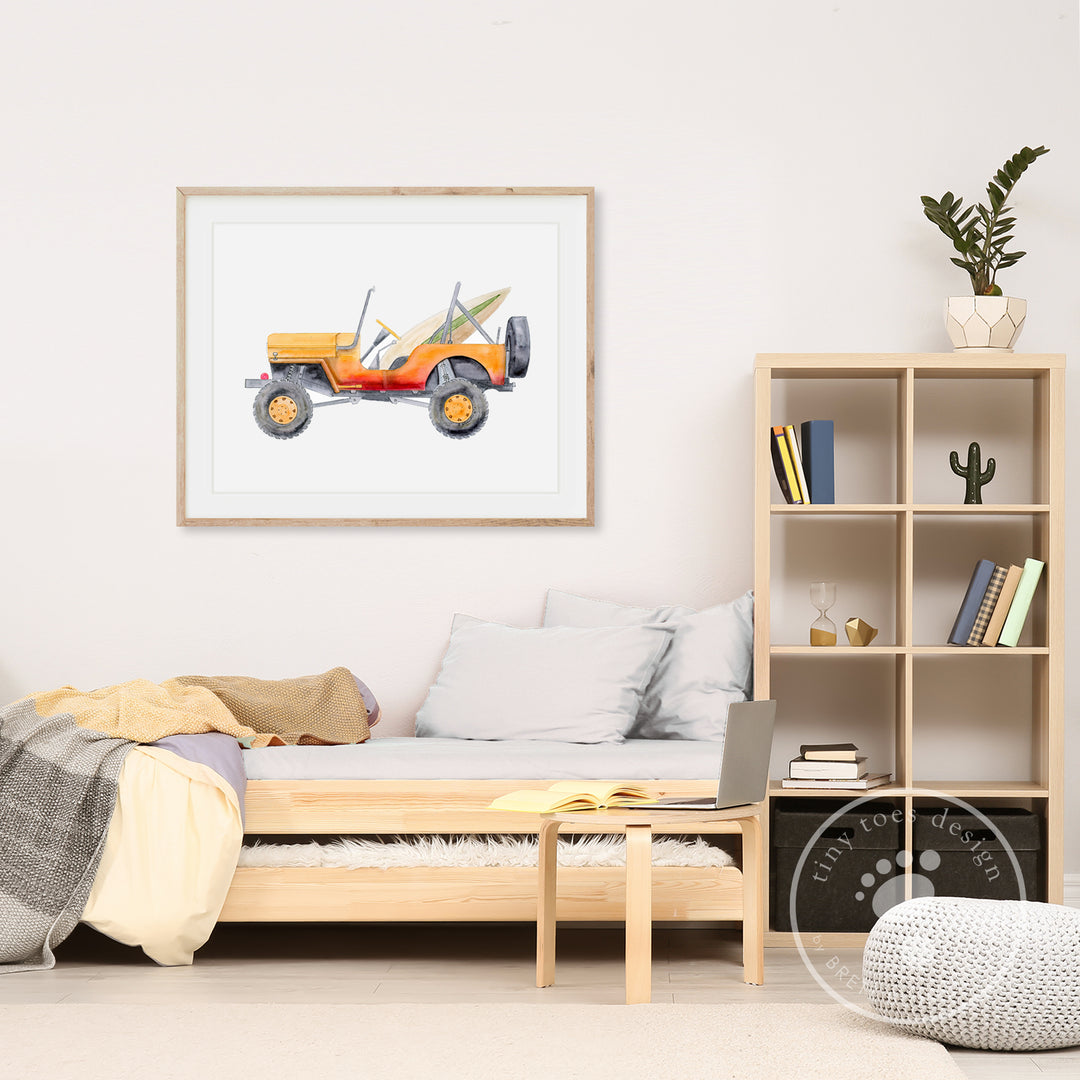 Orange Jeep Illustration - Boy's Room Decor - Tiny Toes Design
