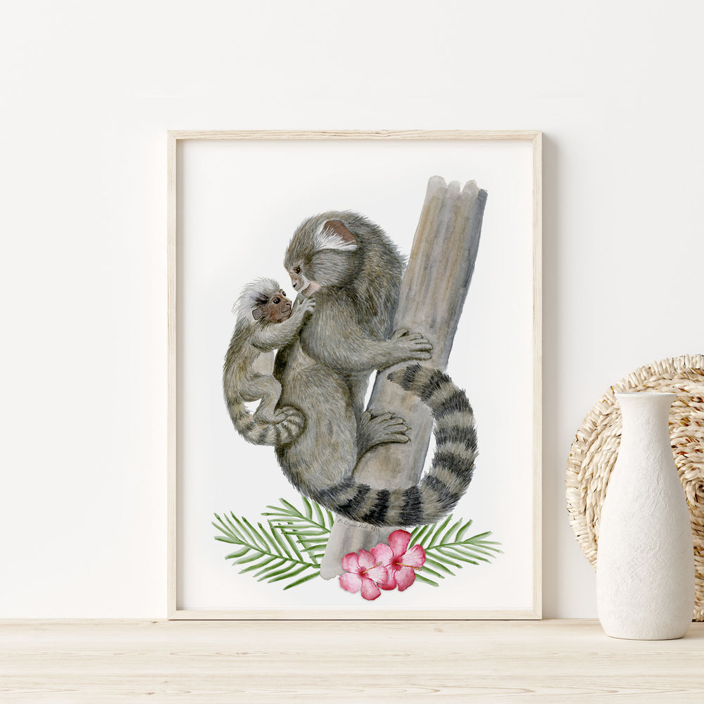 Mom and Baby Marmoset Monkey Watercolor Print - Tiny Toes Design