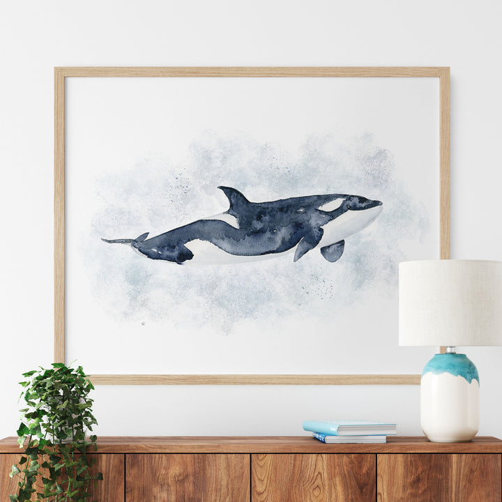 Orca Watercolor Art - Sea Life Nursery Decor - Tiny Toes Design