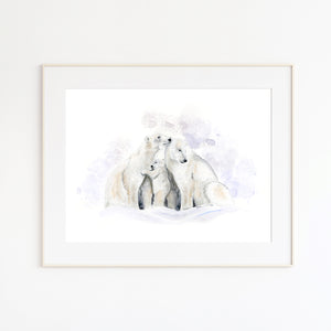 a painting of two polar bears in the snow