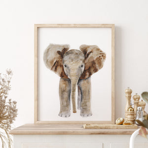 a watercolor of a baby elephant in a frame