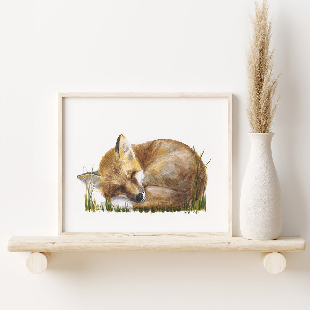a painting of a sleeping fox on a shelf