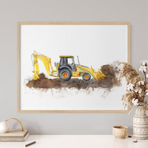 a painting of a bulldozer in the dirt