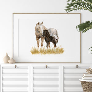 a painting of a horse and foal in a field