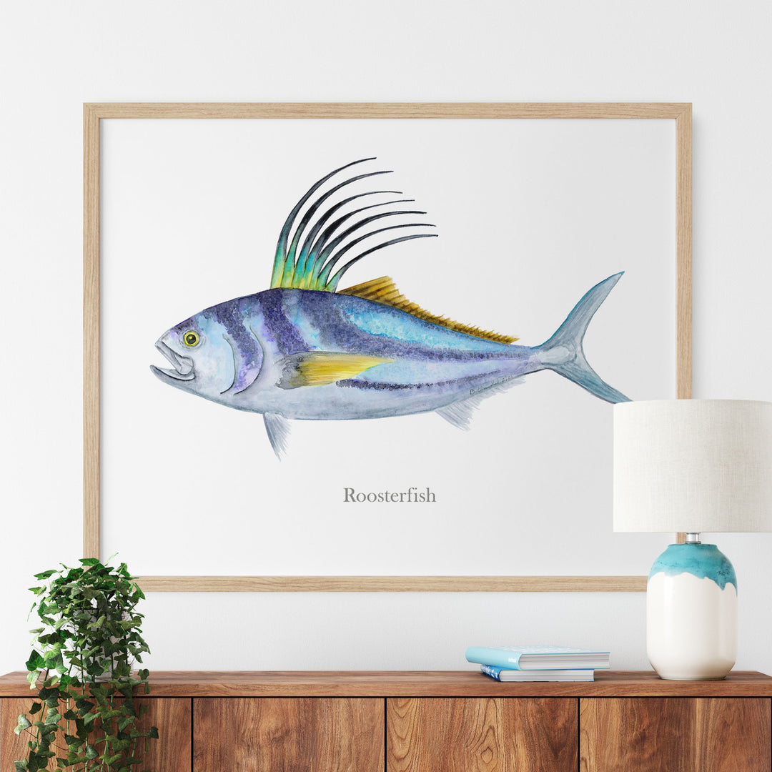 a painting of a roosterfish on a white wall