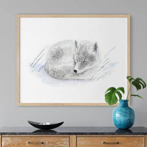 a painting of a sleeping fox on a wall