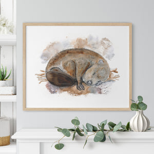 a watercolor painting of a sleeping animal