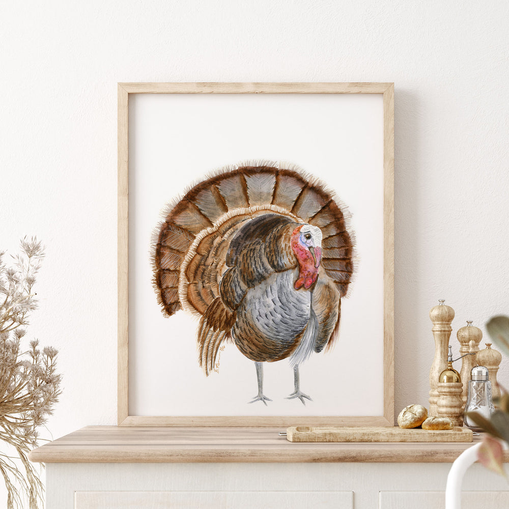 a watercolor of a turkey on a mantle