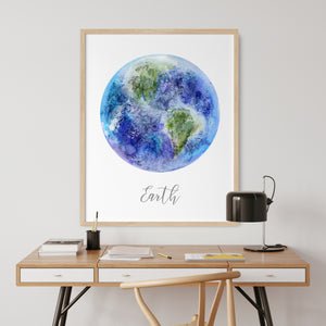 a picture of the earth on a wall above a desk